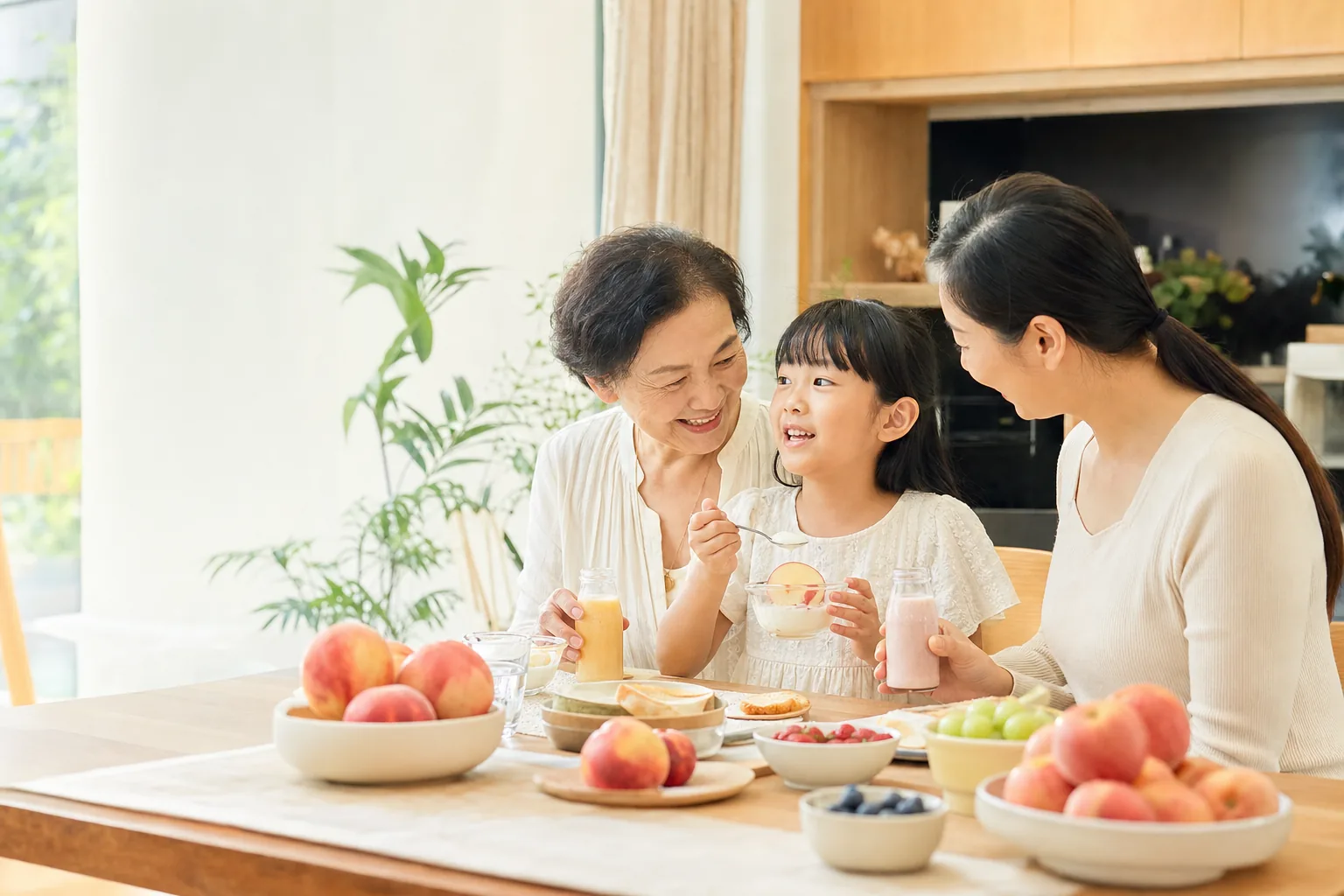 一家三代共享水果与发酵果饮的健康生活